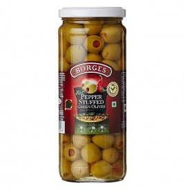 Borges Hot Pepper Stuffed Green Olives  Glass Jar  450 grams